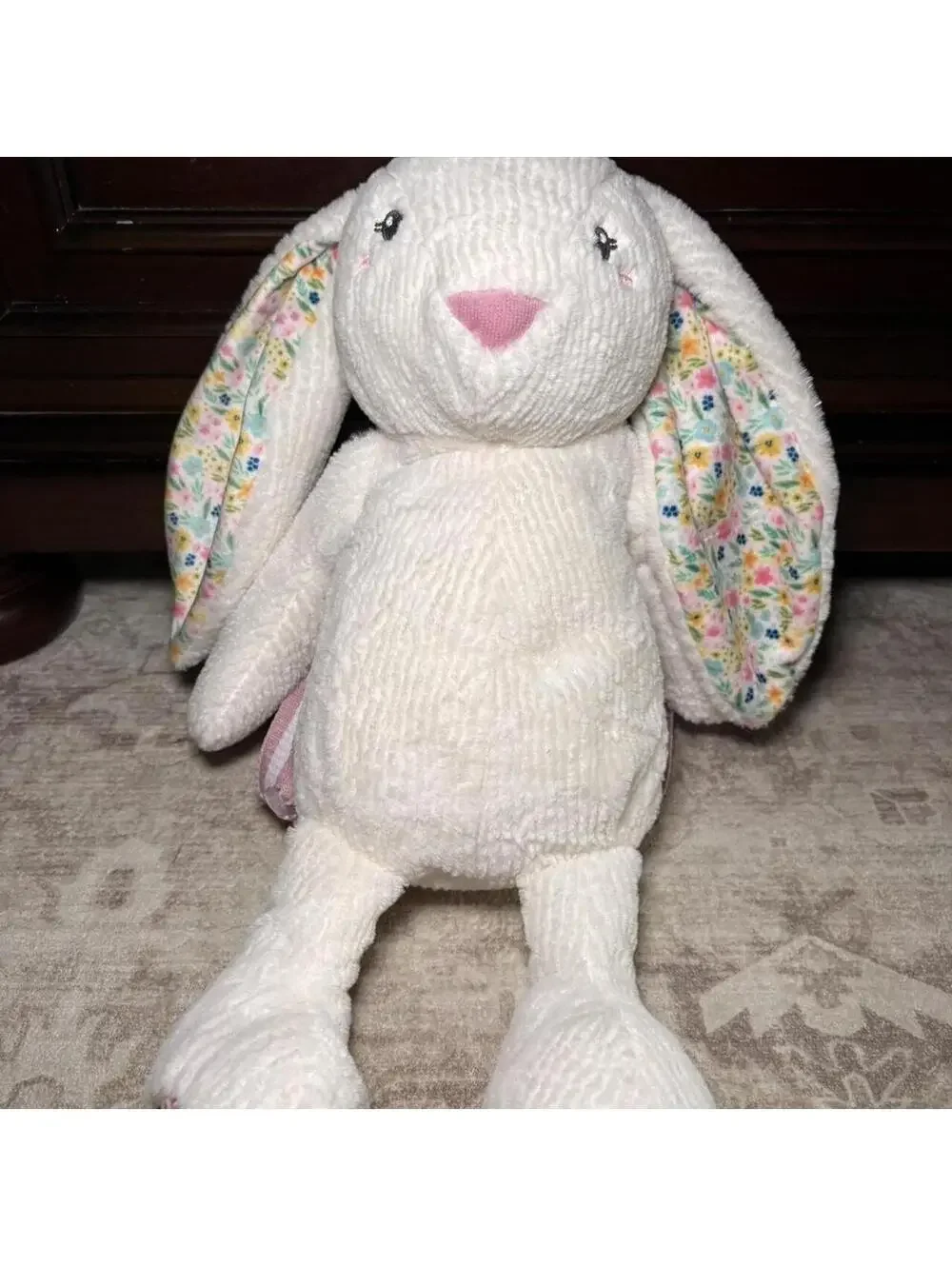 Carried Away White Plush Bunny Backpack with Floral Lined Ears and Pink Straps